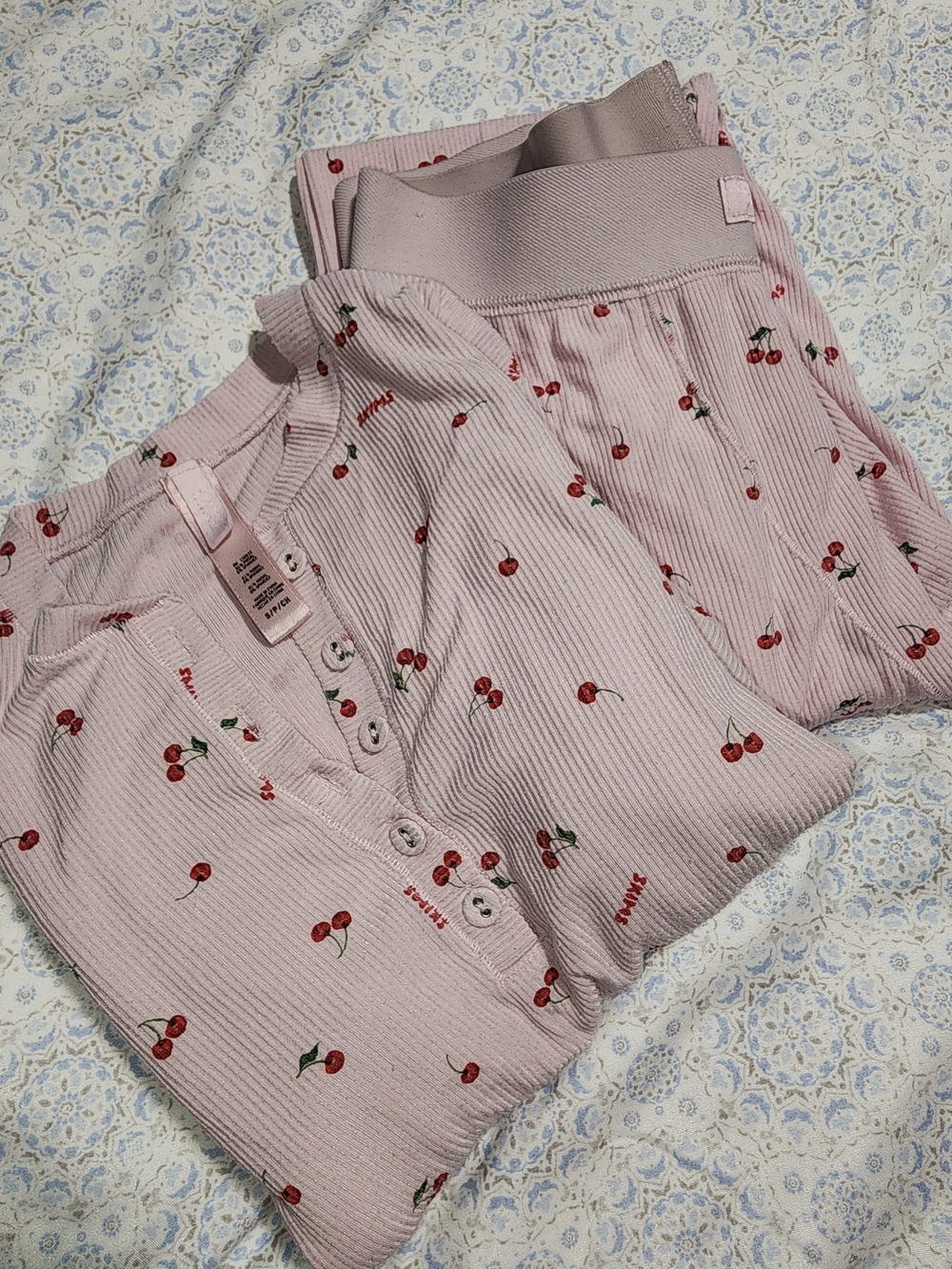 SKIMS Light Pink Cherry Ribbed Pajama Set